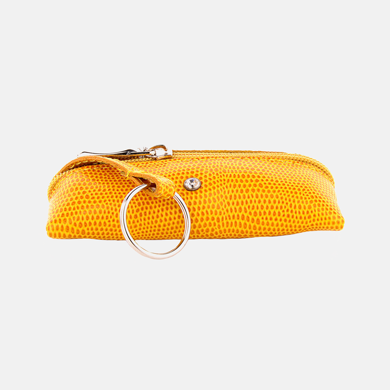Małe żółte etui na klucze skórzane zapinane na zamek + kryształek Swarovski - oferta dla firm