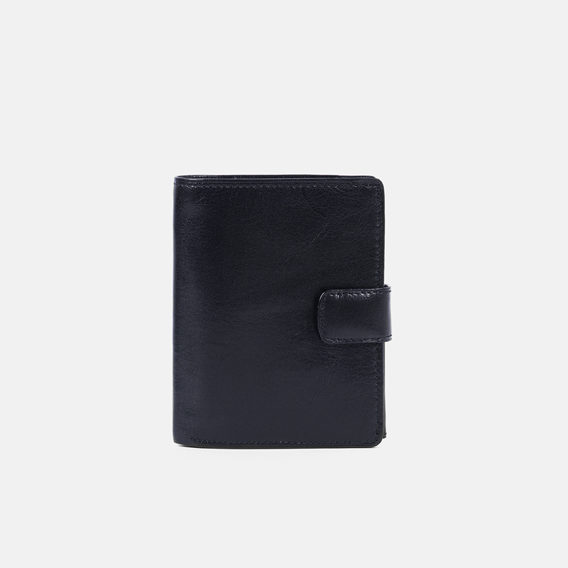 Czarny męski portfel skórzany z zapinką - klasyk - oferta dla firm
