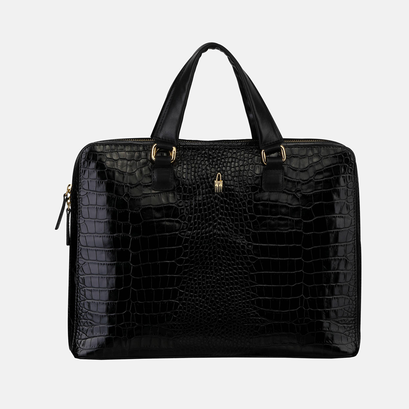 Czarna teczka skórzana damska ze wzorem z dopinanym paskiem - Oferta B2B - oferta dla firm